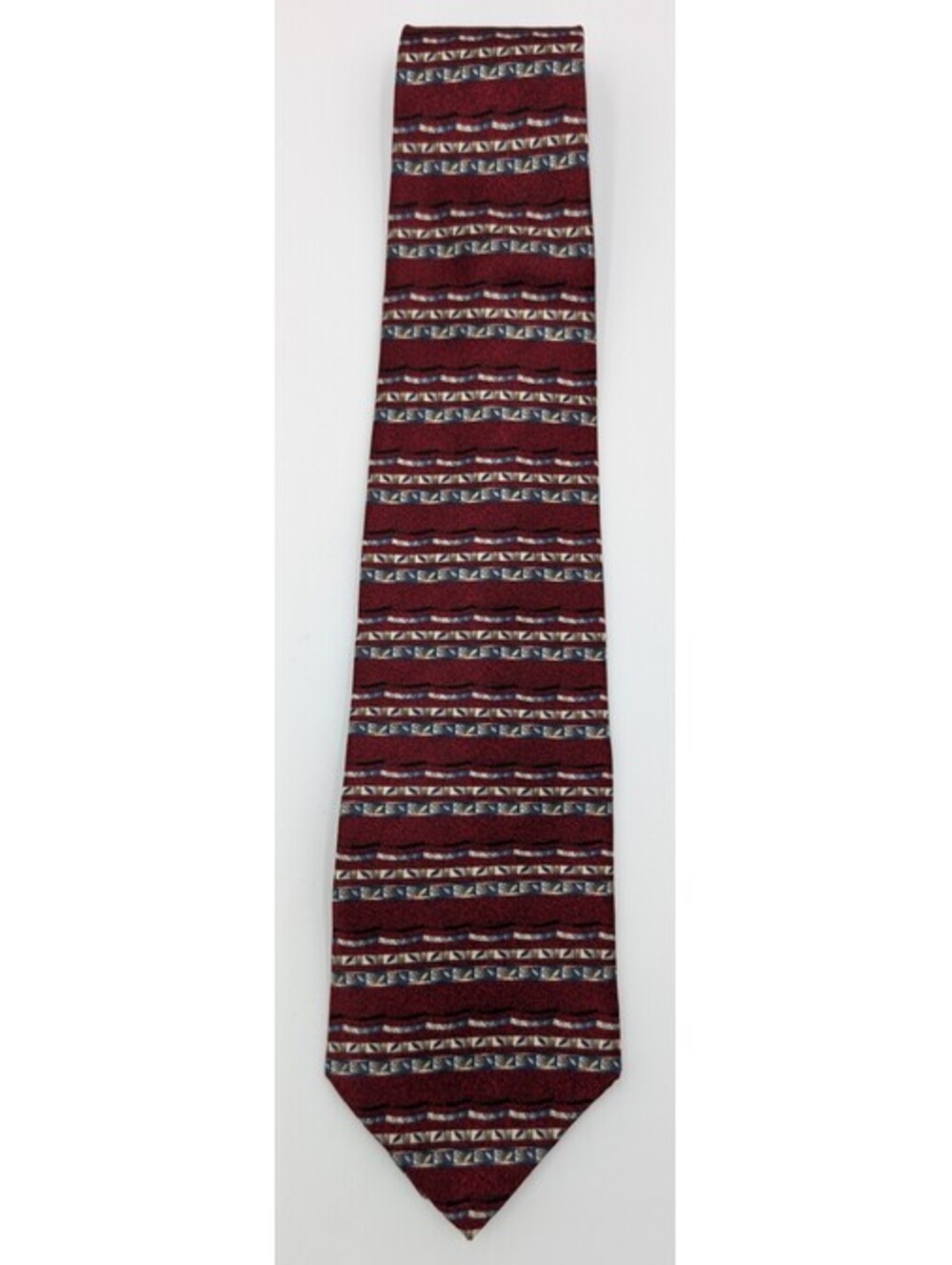 Geoffrey Beene 100% Silk Necktie Red Blue Geometric Stripe Classic Men's Tie